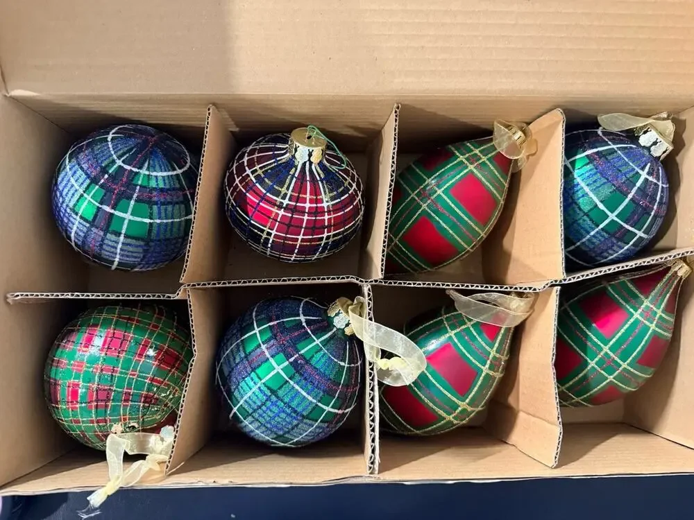Vintage Jeffrey Banks Home Ornaments Set of 8 Large Plaid Glass Ornaments w/ Box